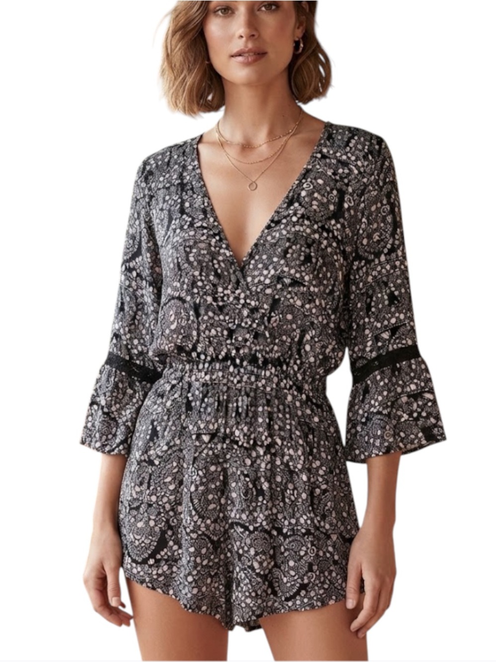 AMERICAN EAGLE Floral Surplice Faux-Wrap Romper Balletcore Small